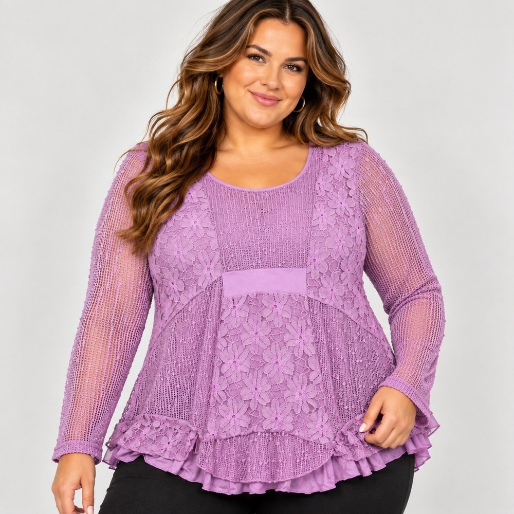 Indigo Soul Womens 3X Purple Lace Mesh Tunic Top Ruffle Hem Boho Lagenlook Fairy